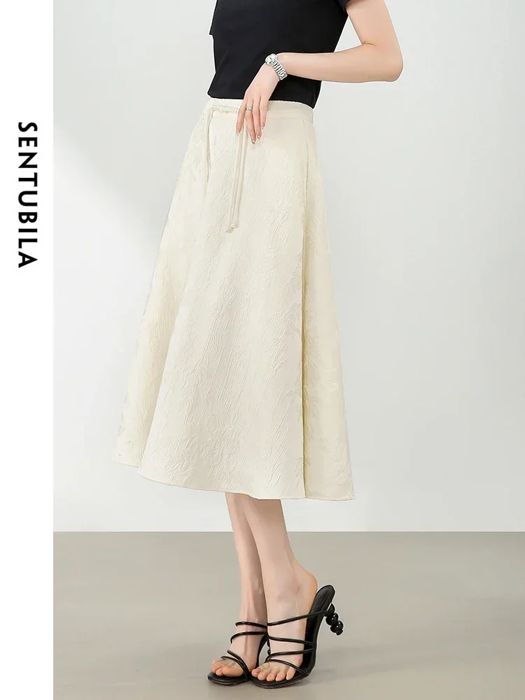

SENTUBILA Light Apricot Chinese Style Jacquard Women's Skirt 2025 Summer Elegant A-line Umbrella Midi Skirts Clothing 142Q54717