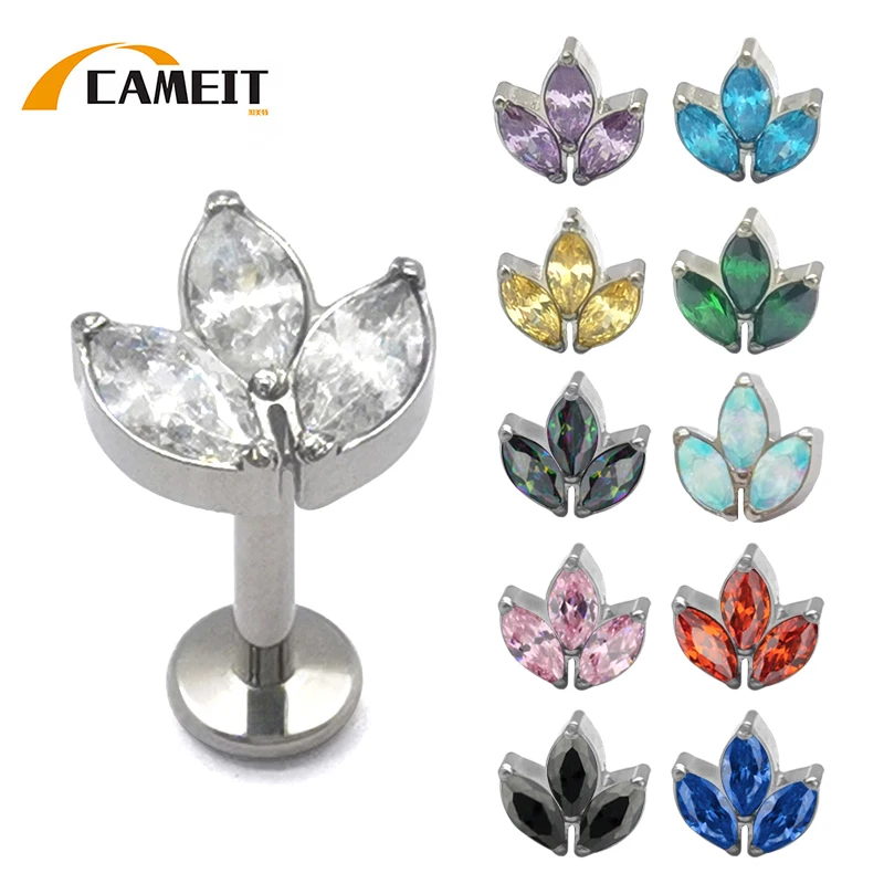 ASTM F136 Titanium PIERC Labret Ear Lip Studs Thread 3 Marquise Zircon Paved Top Cartilage Tragus Earring Helix Pircing Jewelry