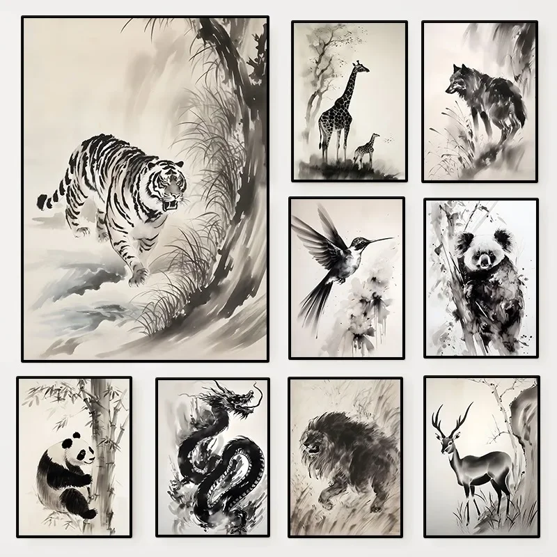 (No frame)1Pc Frameless Chinese Ink Drawing Retro Animals Vintage Poster Tiger Panda Dragon Rhino Retro Canvas Painting Wall