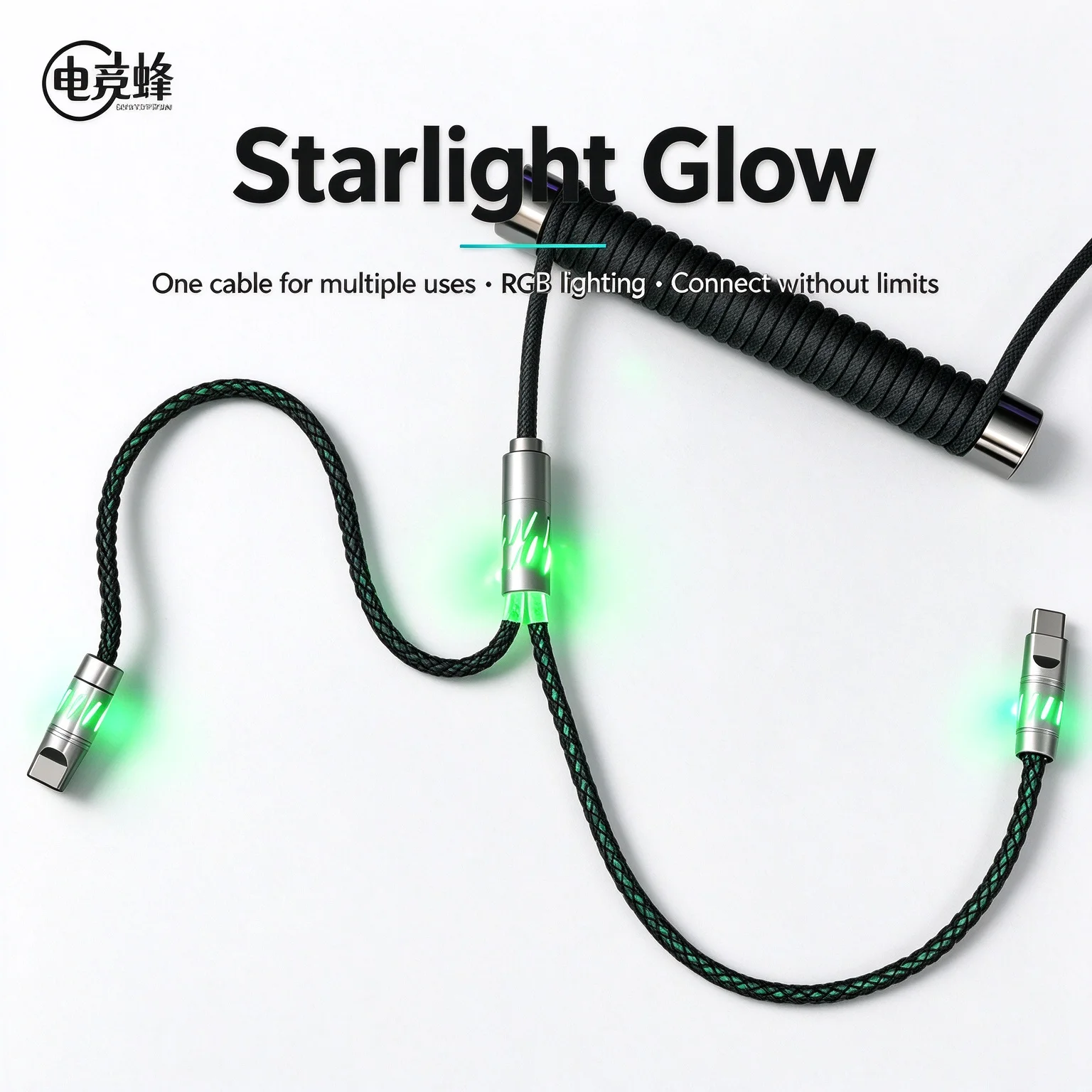 1.8m Starlight Glow 1-to-2 Rgb Aviator Cable Type-c 8k Keyboard Wire Coiled Braided Gaming Keyboard Cable Esports Accessory