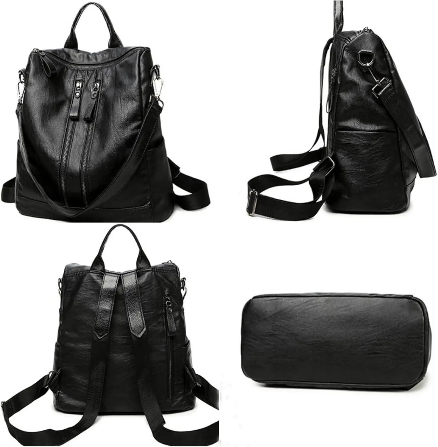 حقيبة ظهر جلدية ناعمة ذات سعة كبيرة للسفر حقيبة كمبيوتر محمول للعمل المدرسي محفظة كتف سوداء متعددة الوظائف