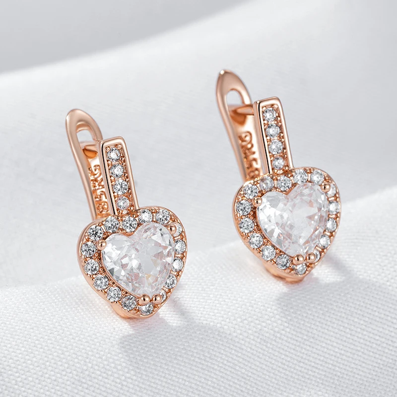 Kinel Hot Luxury Heart Drop Earrings for Women Natural Zircon With 585 Rose Gold Color Modern Party Wedding Daily Fine Jewelry