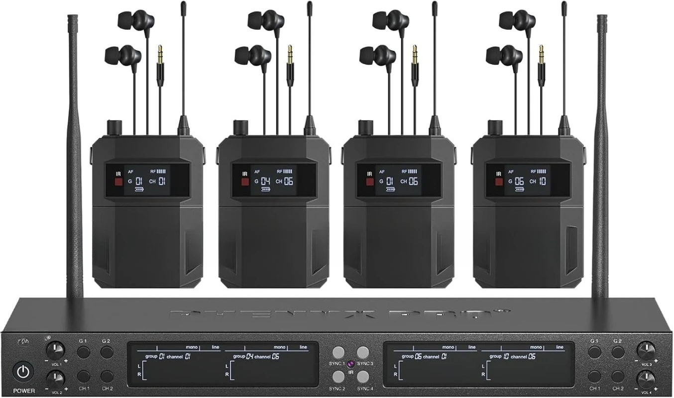 

Quad-Channel Wireless in Ear Monitor System, Mono IEM System w/ 4 Bodypacks, 4x25 UHF Frequencies, Rack Mount, 164 ft