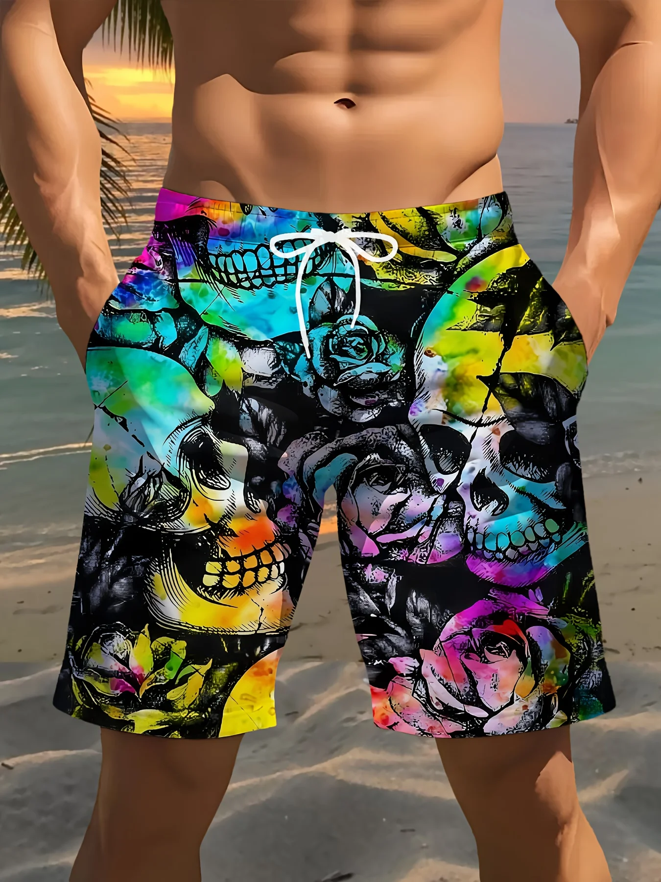 2026 Model Beach Vacation Shorts, Skull-printed Beach Pants, Suitable for Both Men and Women, Family Wear, Kids