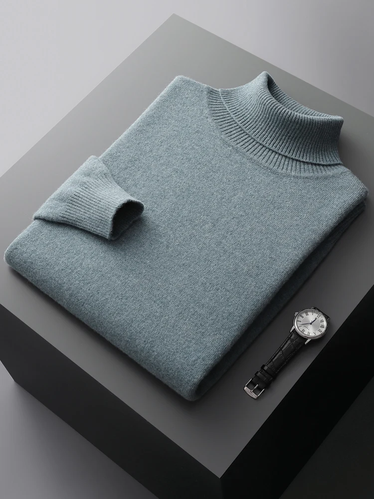 High Lapel 100% Pure Wool Men's Pullover Autumn Winter Basic Knitwear Versatile Cashmere Sweater Casual Business Clothing Tops