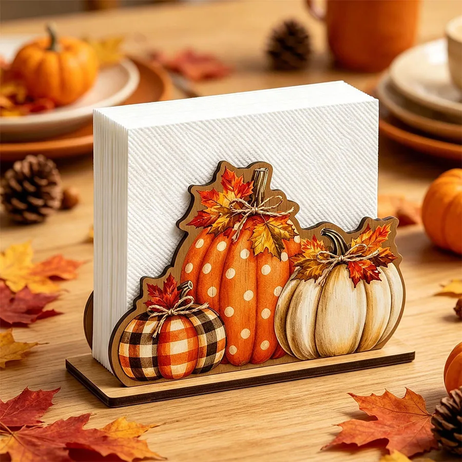 Wooden Autumn Napkin Holder, Autumn-Themed Pumpkin and Maple Leaf Napkin Organizer, Open Design with a Stable Base, Autumn-Themed Decorative Piece Suitable for Kitchen Countertops, Cafes, Thanksgiving-Themed Party Decorations, Home, Office, Perfect for Farmhouse Style and Lively Home Decor, Creative Desktop and Bathroom Decoration Gift