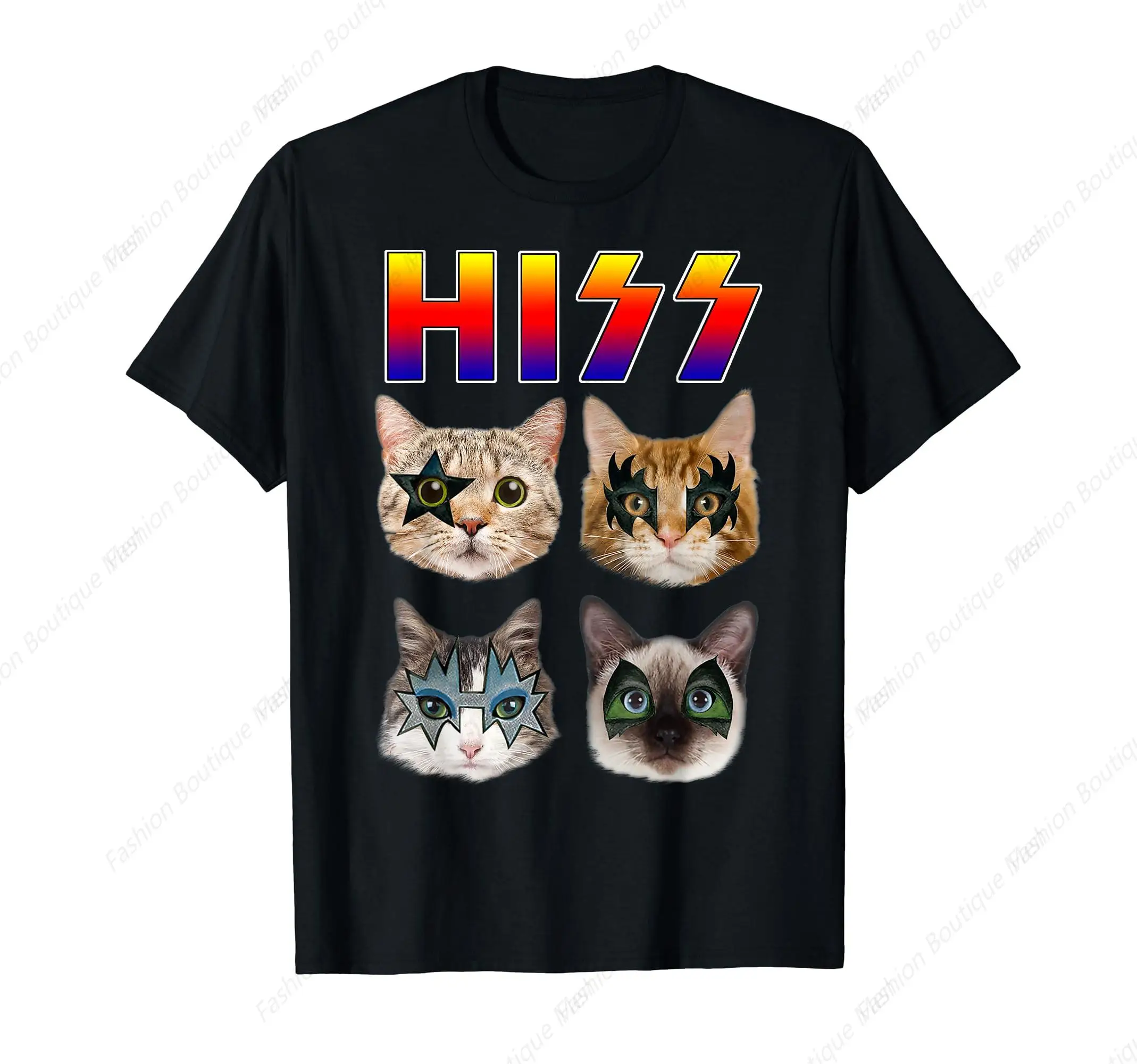 Cute Hiss Funny Cats Kittens Rock Rockin Short Sleeve T-shirt Gift Tee Pun Cats Lover Crew-neck Loose Top