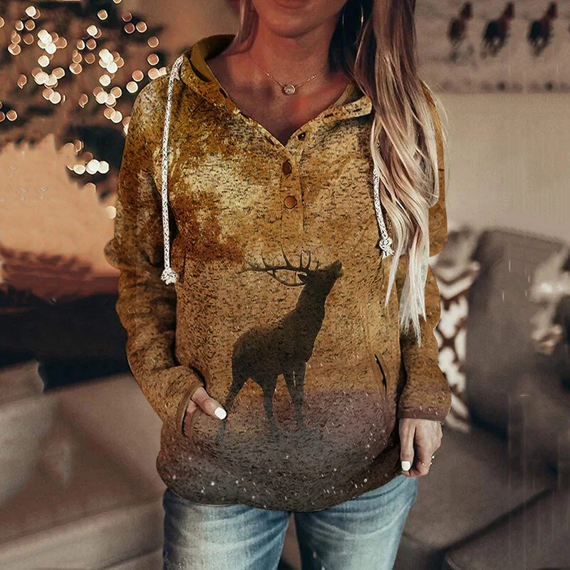 Hoodies 3d Print Folk Style Hooded Vintage Deer Streetwear Sweatshirts Girls Sweatshirt Fashion Buttons Oversized Hoodie Clothes