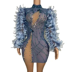 Sexy Stage Mesh Stretch Dress Women Rhinestone Singer Dance Costume Feather Sleeve Night Evening Party Birthday Queen Outfit