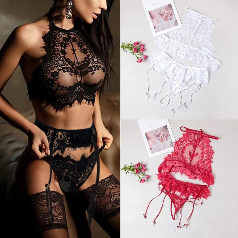 Sexy Lingerie Suit Women's Sexy Lace Halter Bra Set Full Chest Print Three-Point Perspective Lingerie Night Beautiful Underwear image 2