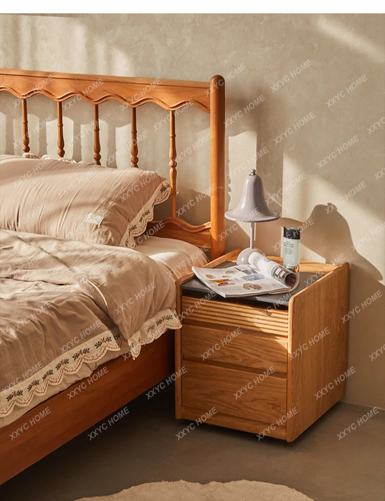Modern cherry wood rock slab bedside table countertop small mobile side cabinet intelligent wireless charging all solid wood
