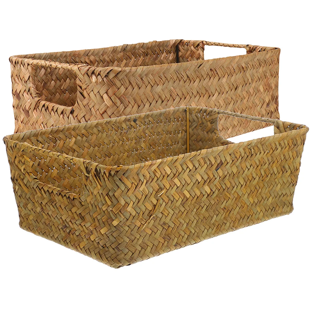 

2pcs Woven Storage Baskets Straw Iron Material Rectangular Shelf Organizer for Home Office Snacks Fruits Candies Sundries