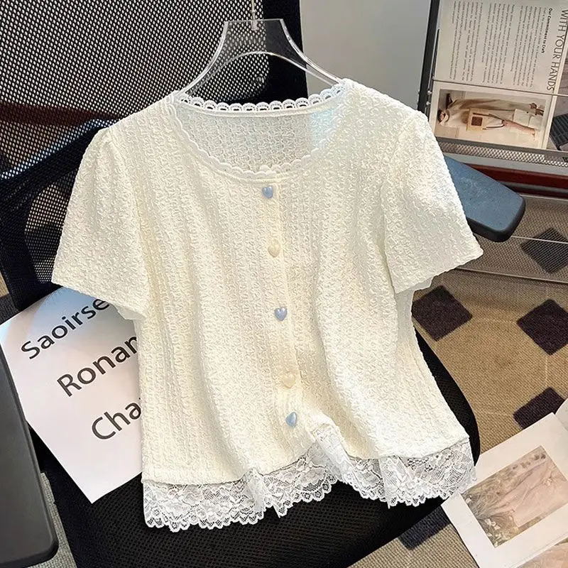 Slimming ort Sve T-irt Women's Lace Trim Patchwork Summer New Sle Outerwear Single Button ort Length Top
