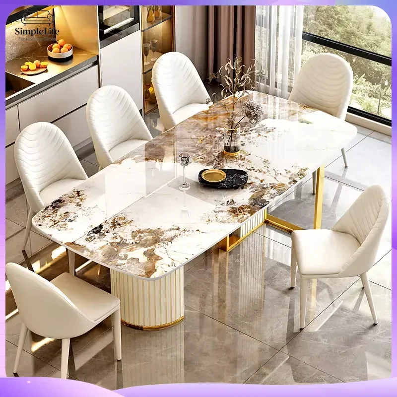 Modern White Dining Table Set with 6 Chairs Sintered Stone Top Kitchen Dining Furniture Minimalist Extendable Farmhouse Table