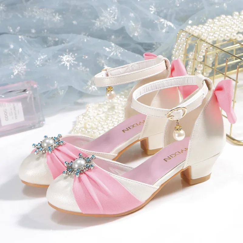 2023 Spring New Girls' Leather Shoes Children's Crystal Princess Shoes Fashion Pearl Bow High Heel Performance Shoes