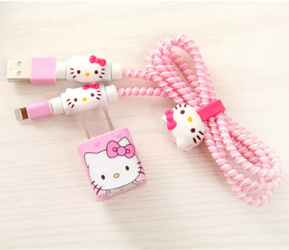 Hello Kitty ochraniacz na zgryz kablowy Sanrio Anime mały podwójny przewód do transmisji danych dla iphone\'a zestaw do ładowania USB do ładowania