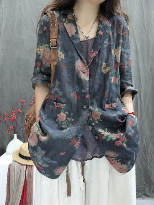 Women's Cotton Linen Print Long Sve irt Vintage Loose Casual Versatile Office Wear Summer Season Five-Button Plaet