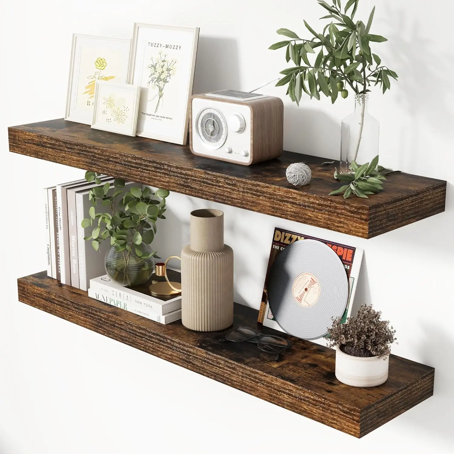 

36 Inch Floating Shelves for Wall 8 Inch Deep Rustic Brown Shelves Set of 2,Wall Mounted Rustic Wood Long Floating Shel
