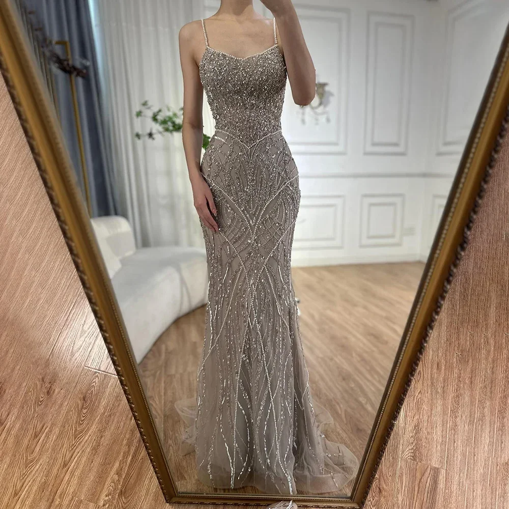 Serene Hill Customized 2025 Saudi Sage Green Beaded Spaghetti Strap Mermaid Evening Dress Caramel Formal Occasion Gown GLA72733