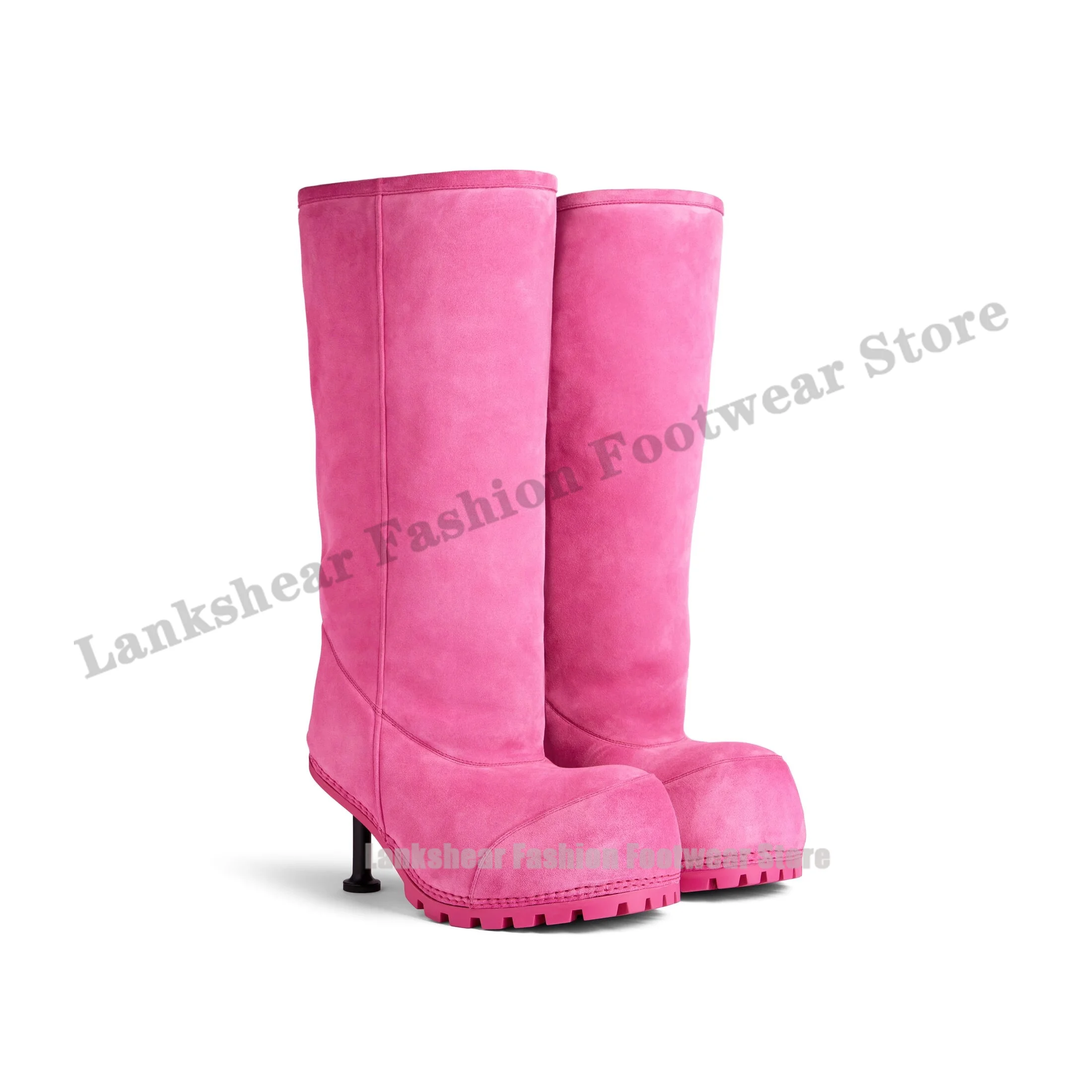 Big Round Toe Thin High Heel Boots Pink Warm Long Snow Booties Luxury Solid Color Ruwnay Fashion Slip-On Shoes Zapatos Mujer