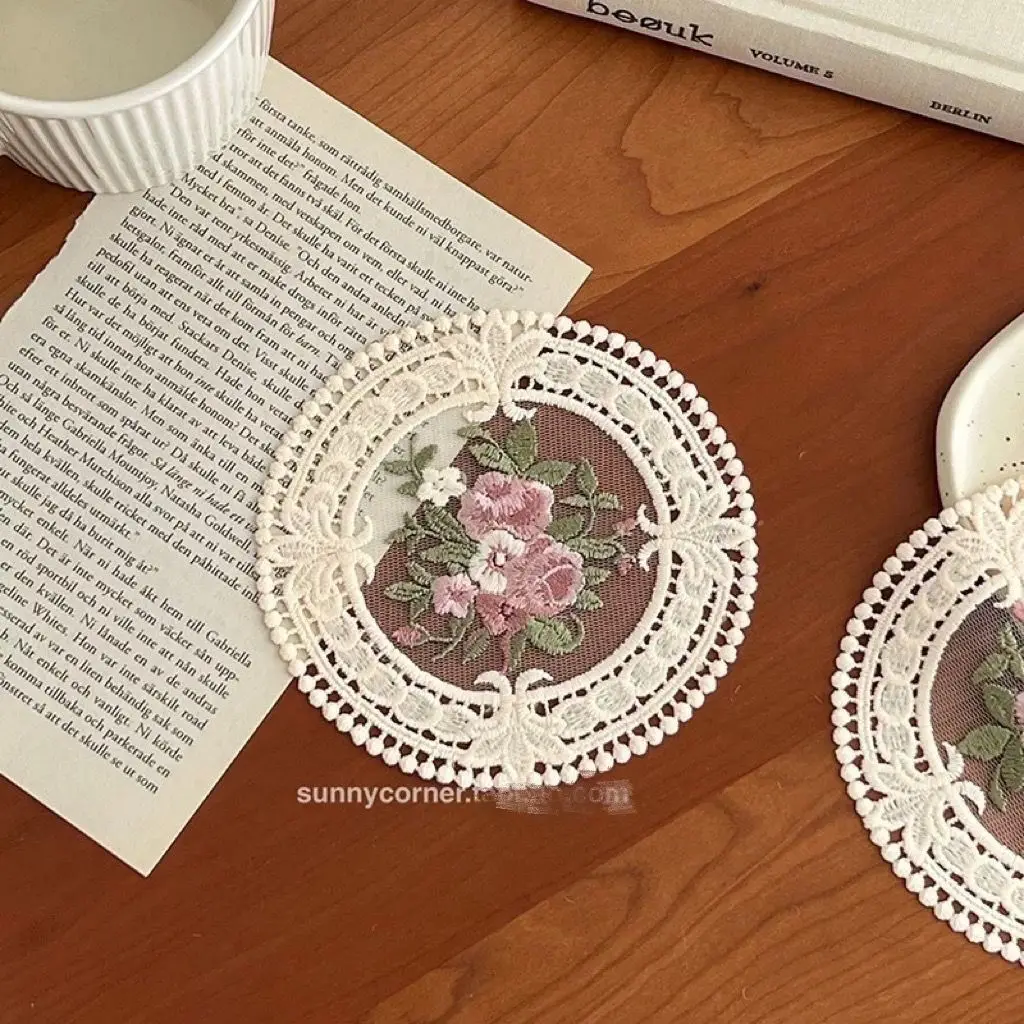 French Vintage Floral Lace Coasters Round Mat Embroidered Doilies Cottagecore Tea Table Decor Photo Props
