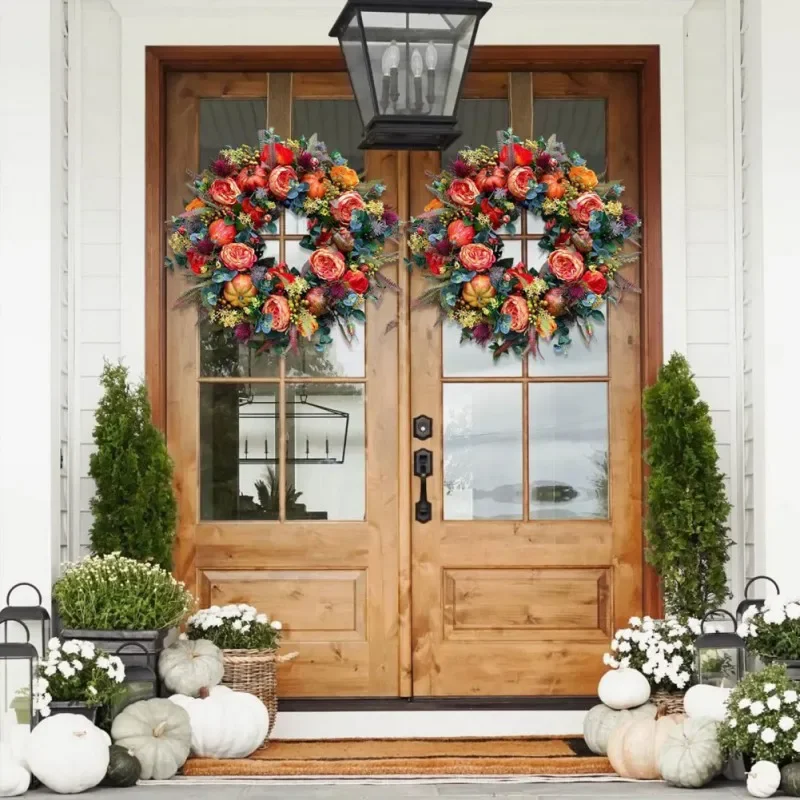 40cm Fall Peony Pumpkin Sunflower Wreath for Front Door Festival Celebration Home Farmhouse Decoration Thanksgiving Wreath