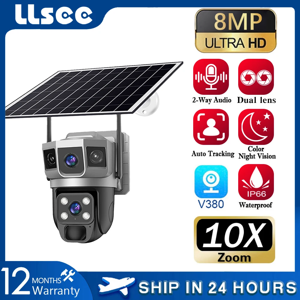 LLSEE V380,4K dual lens,10X,4G SIM card camera,wireless WIFI solar closed-circuit television,outdoor security network camera