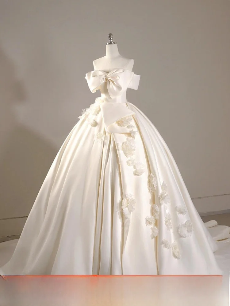 

Ele Satin Wedding Dr One-oulder Design and Train Princ Escape High-End Main Dr Floral Embroidery Court Sle