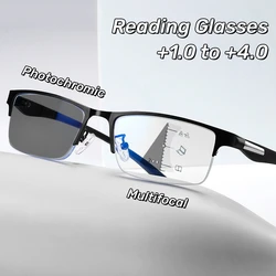 Gafas de lectura fotocromáticas multifocales progresivas, gafas de visión de lejos con luz azul, gafas de presbicia de negocios de medio marco para hombres