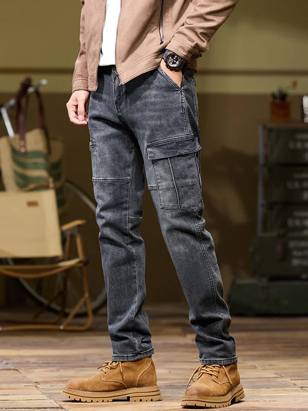 

Retro American Workwear Sle Men's Jeans with Multiple kets Straight Leg Slim Fit Long Trousers Faionable And Wear Resi...