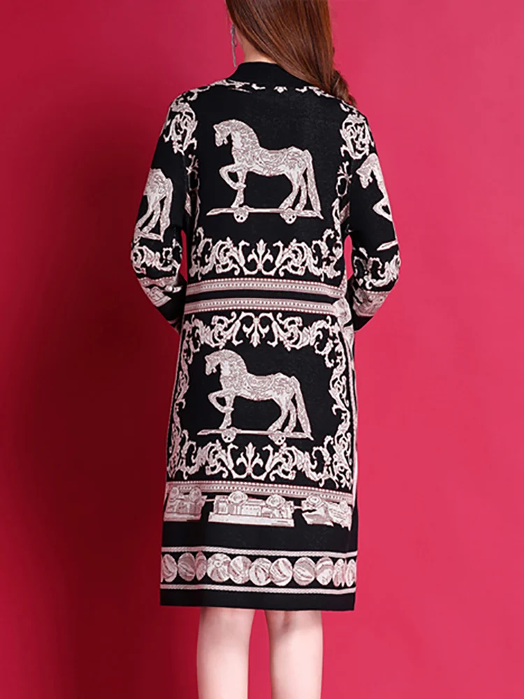 Autumn Winter Black Print Knitted Woolen Pullovers Women Thick Warm Sweater Dress 2024 Korean Vintage Elegant Bodycon Sweaters