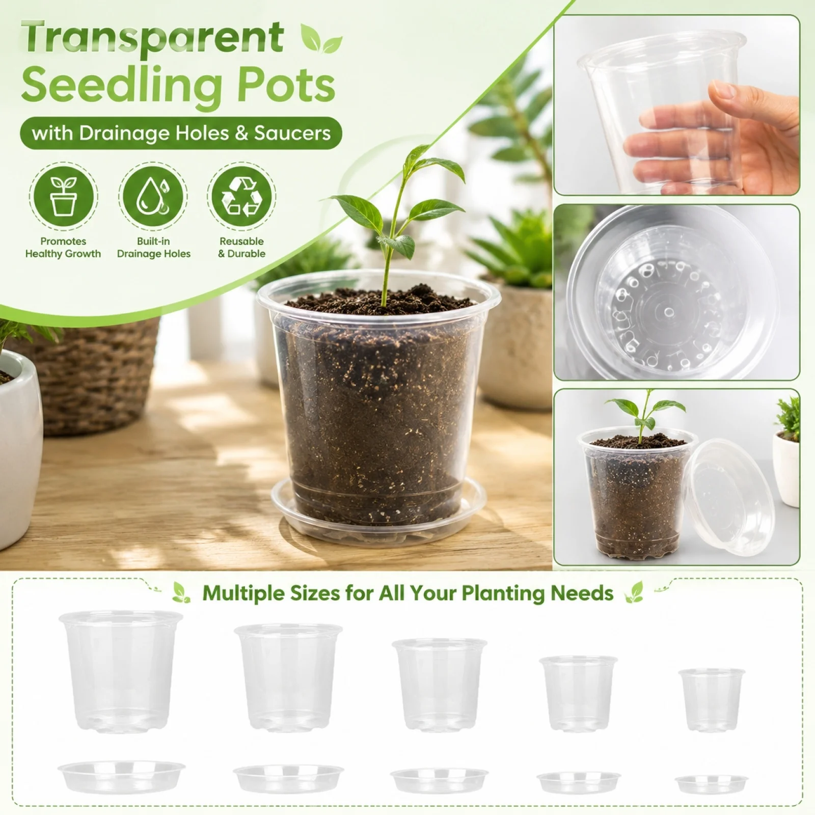 Clear Plastic Plant Pots with Drainage Holes and Saucers - 4, 5, 6, 7 Inch Sizes for Seed Starting and Propagation
