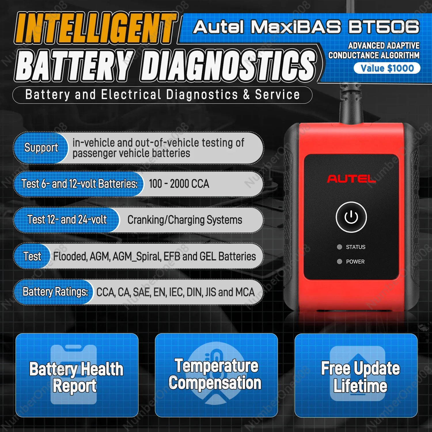 Autel Battery Tester MaxiBAS BT506 Auto Battery and Electrical System Analysis Tool 6-12V 100-2000CCA Cranking/ Charging Systems