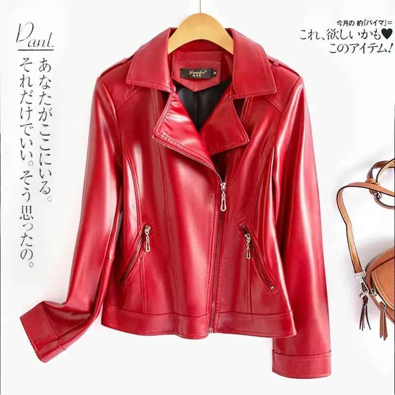 เสื้อโค้ทหนังเทียมผู้หญิง แจ็คเก็ตสีพื้น ปกพับ แขนยาว ซิป ทรงหลวม สไตล์มอเตอร์ไซค์ สตรีทแวร์ ฤดูใบไม้ผลิ ฤดูใบไม้ร่วง 2025