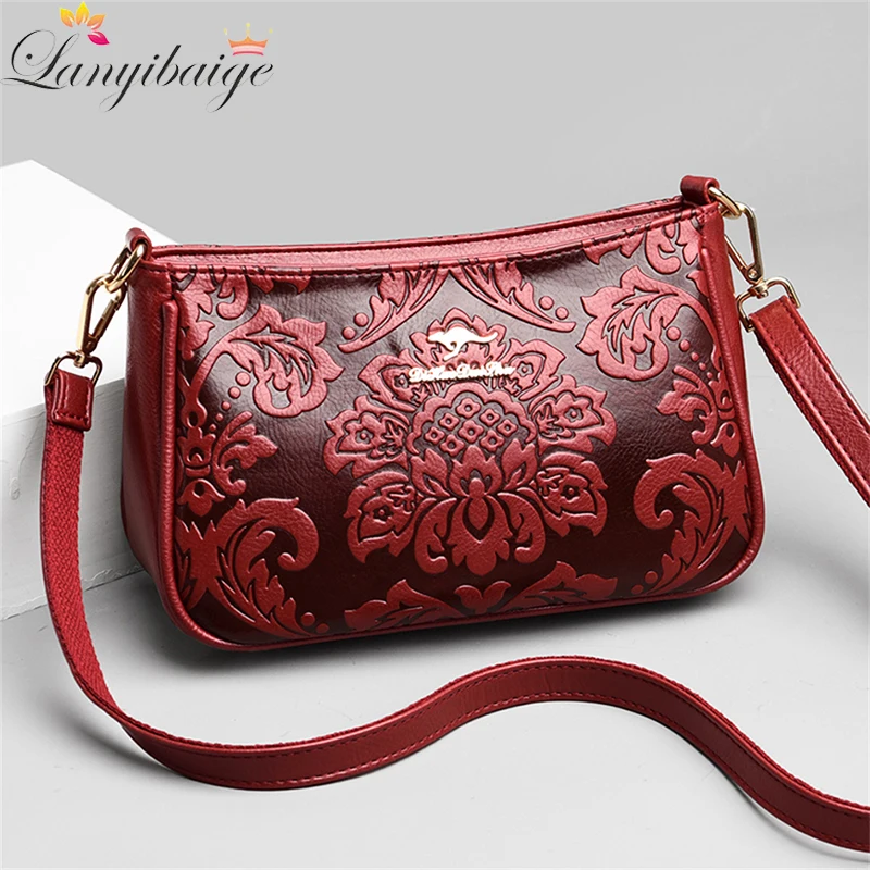 High Quality Soft Leather Women Shoulder Bag Trendy Floral Pattern Messenger Bags Women 2022 New Designer Handbags Wallets Sac