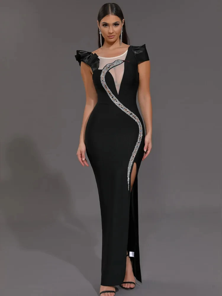 

2024 Women Celebrity Sexy O Neck Snake Diamonds Black Maxi Long Bodycon Bandage Dress Knitted Elegant Evening Club Party Outfit