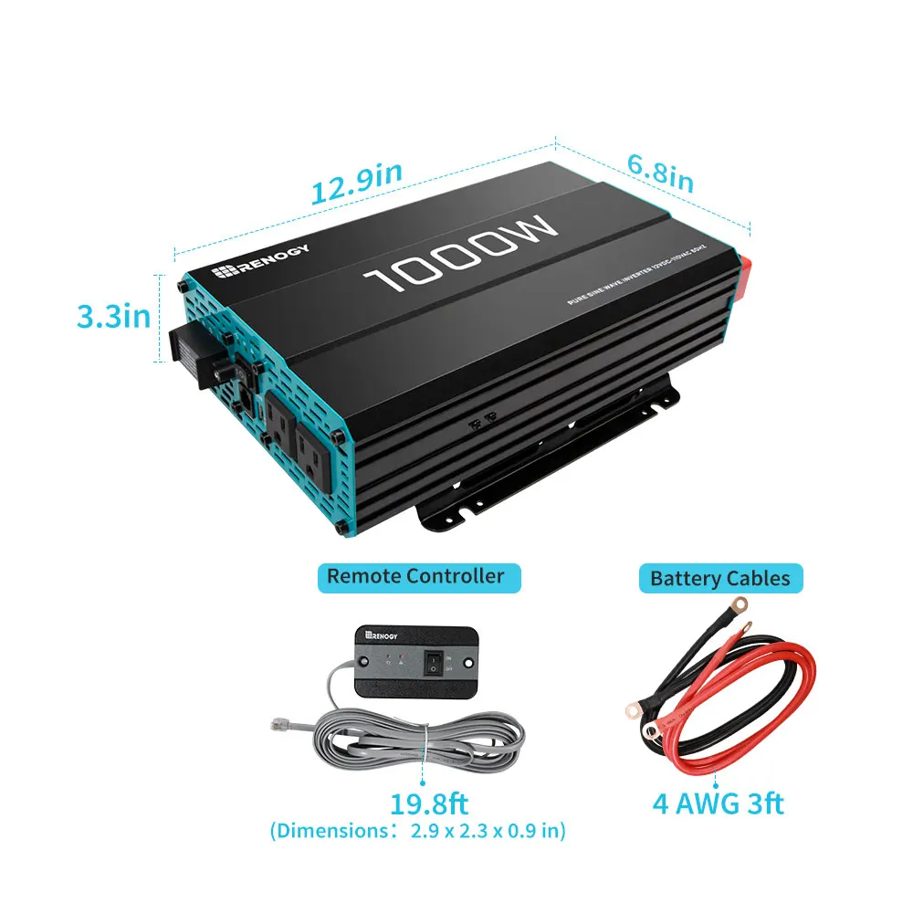 Renogy 1000W Pure Sine Wave Inverter 12V DC to 120V AC Converter for Home, RV, Truck
