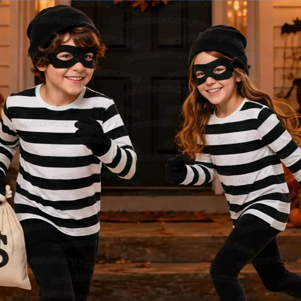 Kinder-Räuber-Kostüm, Gestreiftes Langarm-T-Shirt, Halloween-Dieb-Cosplay-Kostüm, Jungen-Mädchen-Erwachsenen-Eltern-Kind-T-Shirt – Detail 5