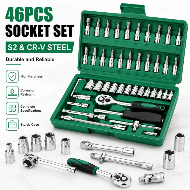 Juego de Llaves de Trinquete Profesional de 46 Piezas, Kit de Reparación de Automóviles, Caja de Herramientas Verde, Elementos Esenciales para el Mantenimiento de Automóviles, Juego de Herramientas Mecánicas