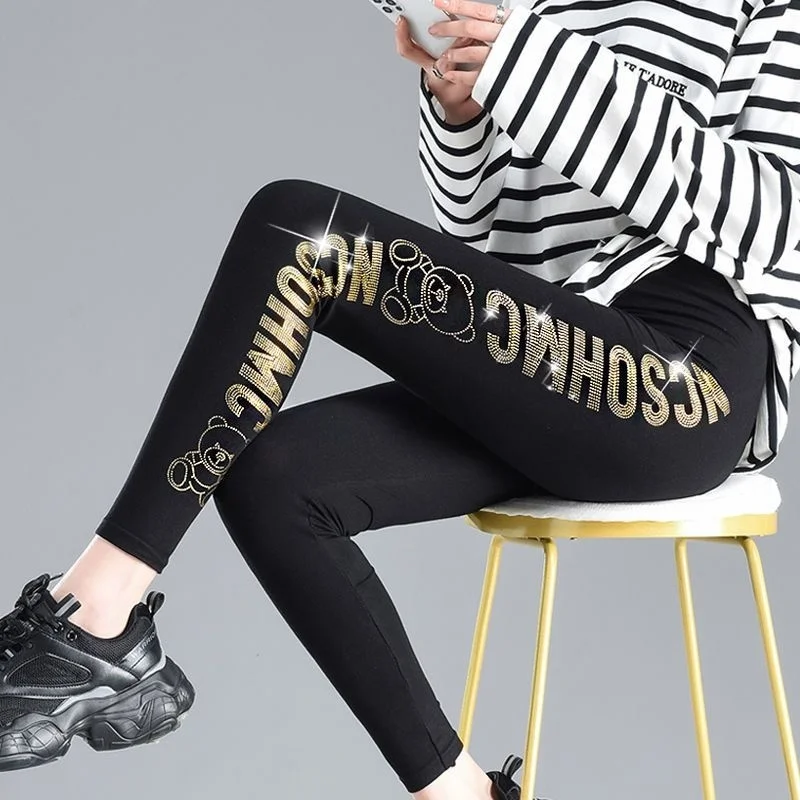 Black Gold Letter Bear Sequin Women\'s Leggings Pants High Waist Elastic Black Bottoms Pencil Trousers