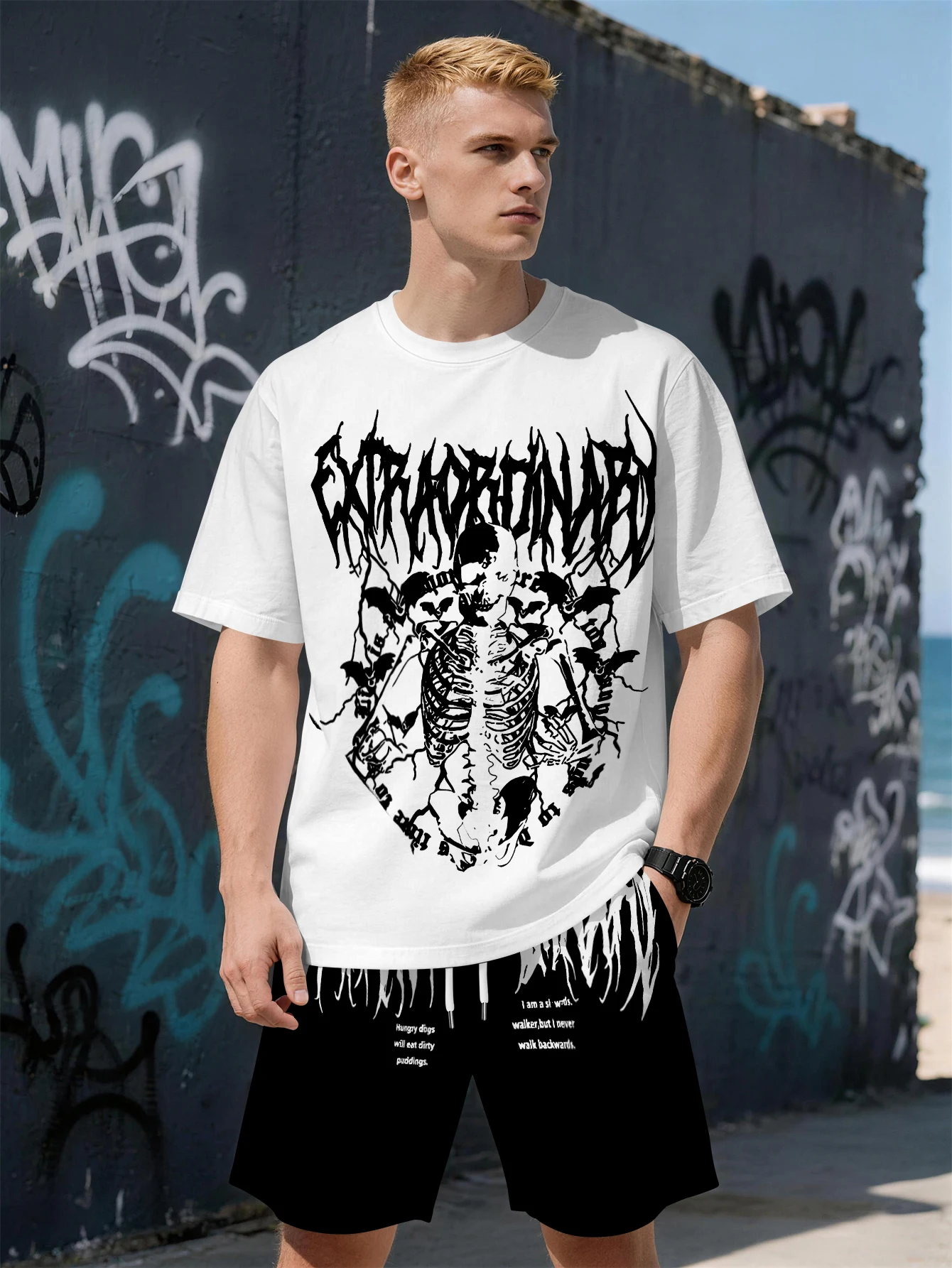 2026 Summer New Men's Short-Sleeved Set with 3D Skull Pattern Print - Street Casual Fashion Comfortable and Soft