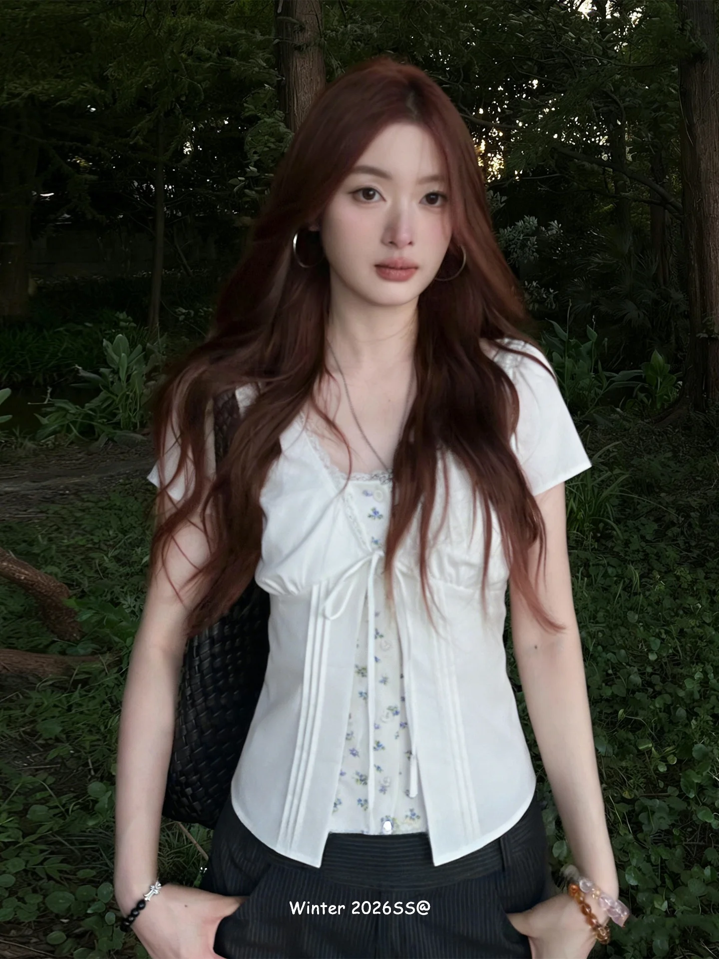 

Sweet Floral Short Sleeve Slim Fit Women's Shirt Korean Style Commute Fashion Padded Jacket Outerwear Early Summer Clothing