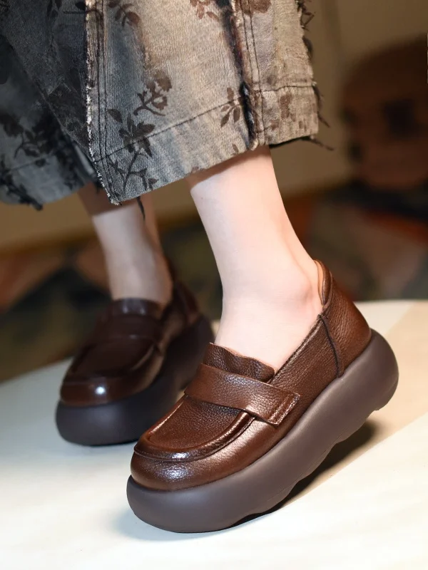 Moo Mar Handmade Pure Leather round Toe Thick Bottom Loafers Women's Versatile Flat Shoes Comfortable Fashionable Spring Shoes