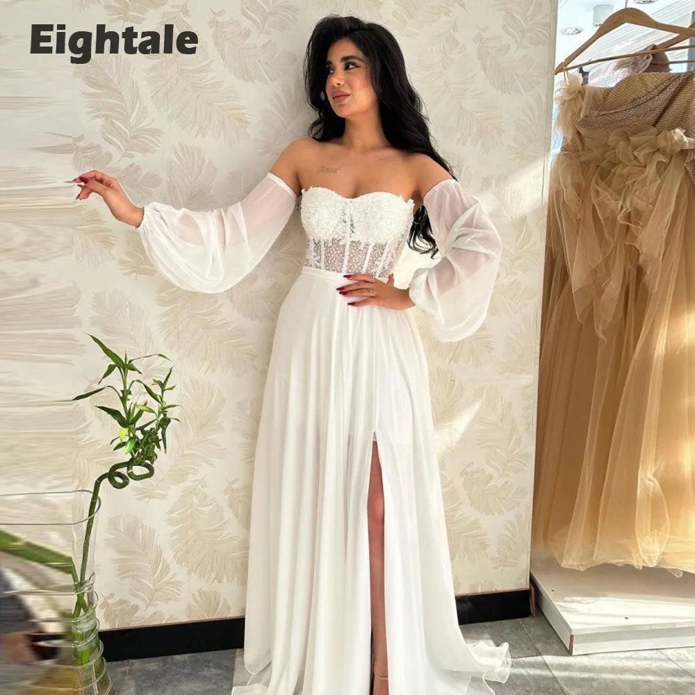 

Eightale Arabic Evening Dresses Sweetheart Chiffon Long Sleeves A-Line Prom Gown for Wedding Party Vestidos Festas e eventos