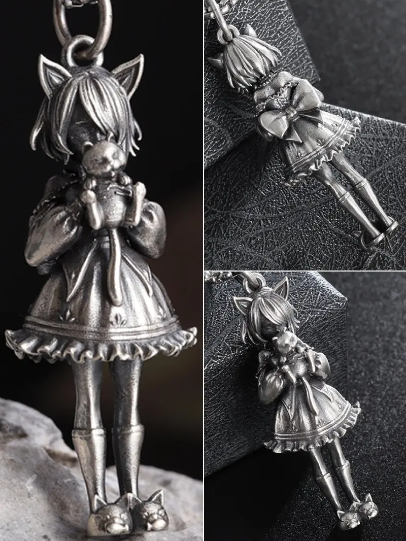 High Quality Cat Ears Princess Dress Little Girl Holding Cat Doll Pendant Necklace for Men Women Cute Sweet Jewelry