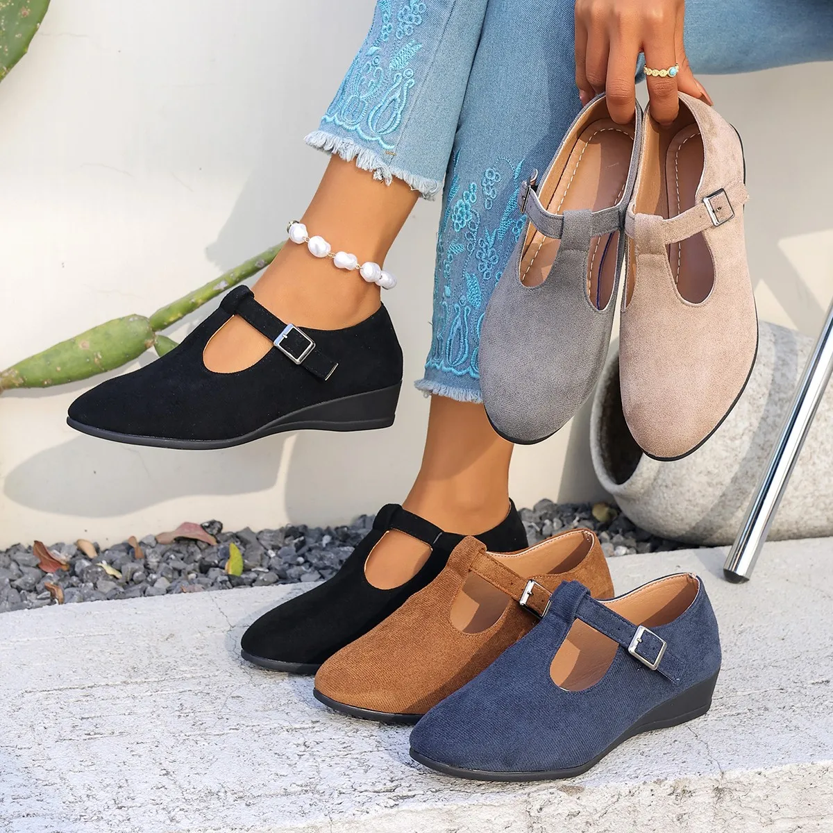Comfortable T-Strap Mary Jane Wedges for Women, Suede Upper & Low Wedge Heel, Everyday Shoes