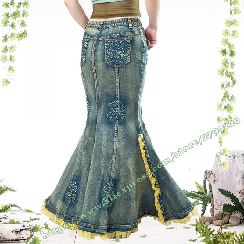 Women's Vintage Retro Sexy Slim Bag Jeans Long Skirts , High Hip Denim Stitching Mermaid Fishtail Ladies Maxi Skirt for Womens
