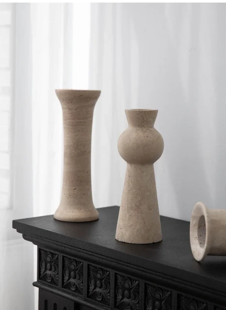Wabi-sabi Natural Travertine Flower Vase, Handmade Stone Decorative Vase, Elegant Marble Art Centerpiece for Living Room Table