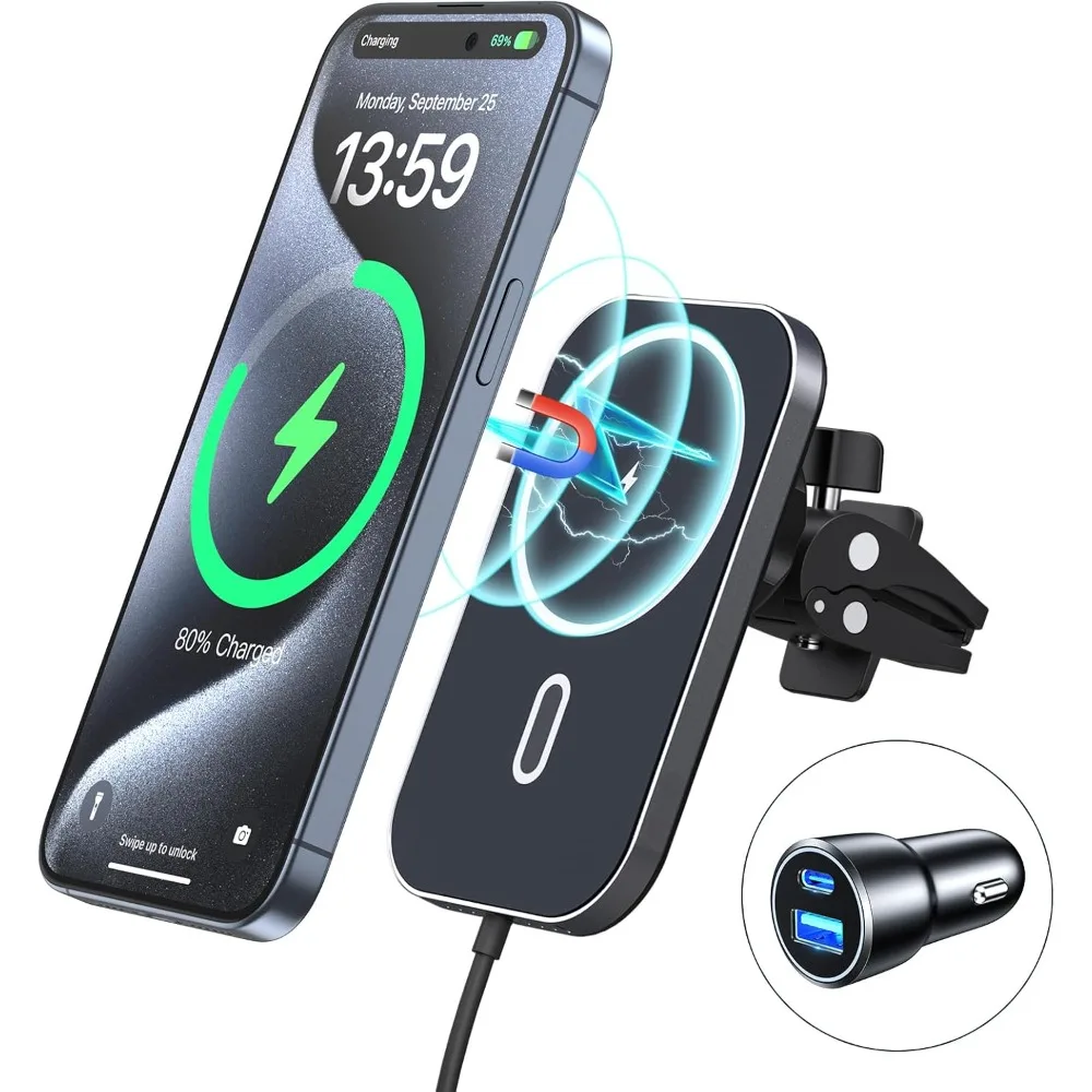 MagSafe Car Air Vent Phone Holder Mount 360° Rotation 15W Magnetic Wireless Charger for iPhone 16/15/14/13/12 Fast Charging