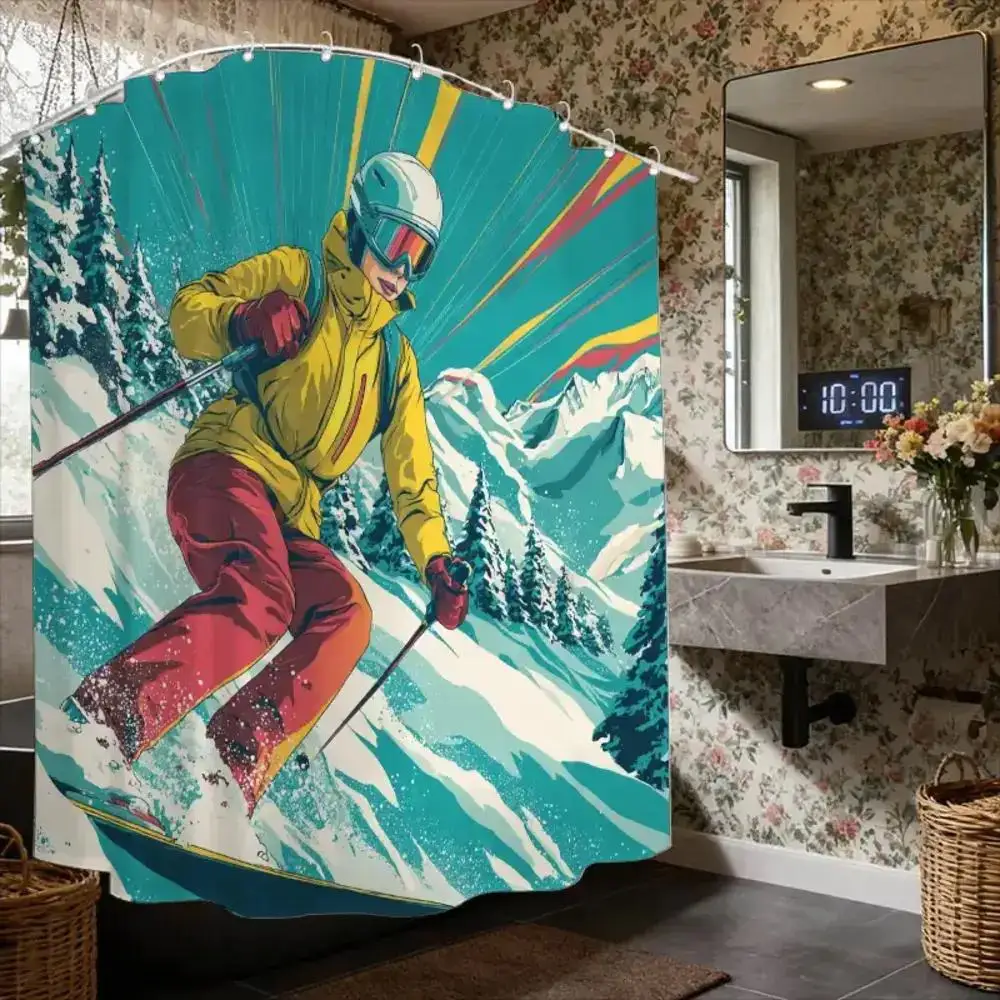 Dynamic Skiing Illustration Shower Curtain – Alpine Adventure Art, Yellow Jacket Skier, 12 Hooks, Waterproof Sport Decor